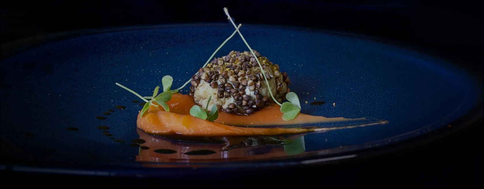 Assiette gastronomique en croûte de lentilles sur purée de carottes, Hôtel du Morvan à Luzy