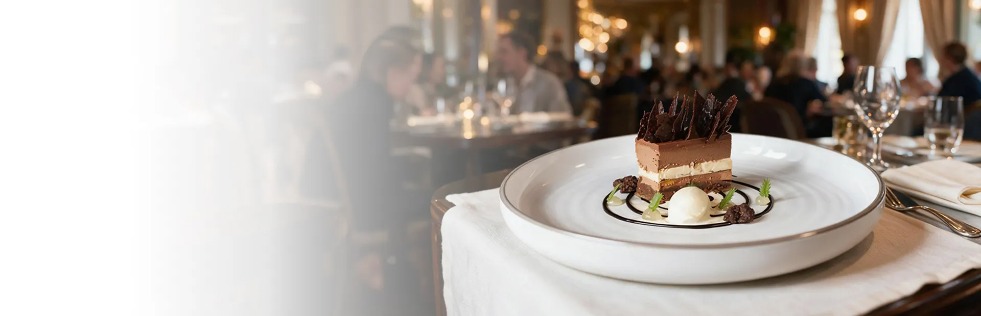 Dessert au chocolat dressé sur une table de réception, service traiteur de l'Hôtel du Morvan à Luzy